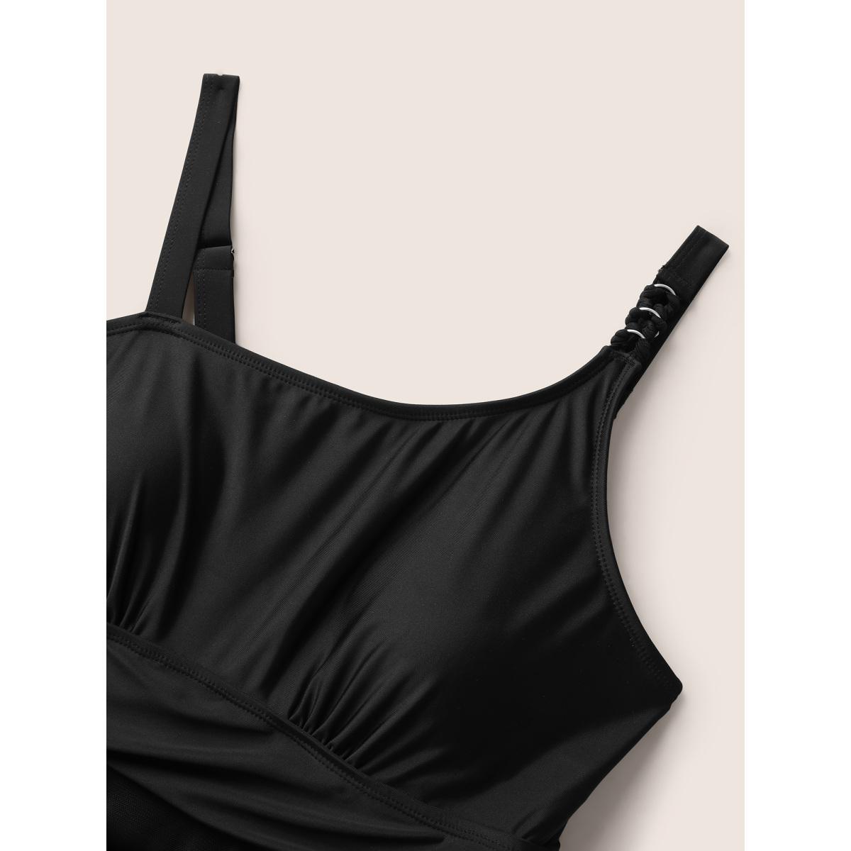 Plus Size Asymmetrical Neck Mesh Patchwork Swim Dress Women's Swimwear Black Beach Bodycon Asymmetrical Neck High stretch Curve Swim Dresses BloomChic 30/6X Product Image