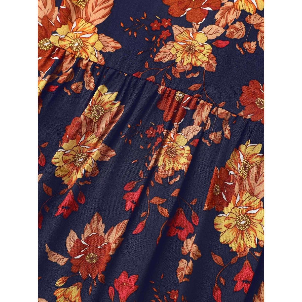 Plus Size Supersoft Essentials Floral Print Pocket V Neck Dress DarkBlue Women Resort Elastic cuffs V-neck Elbow-length sleeve Curvy Midi Dress BloomChic 12/L Product Image