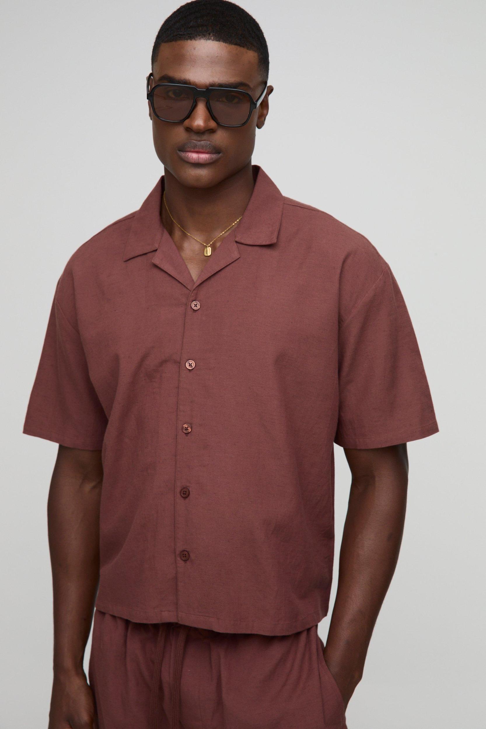 Oversized Boxy Revere Linen Blend Shirt & Short Set | boohooMAN USA Product Image