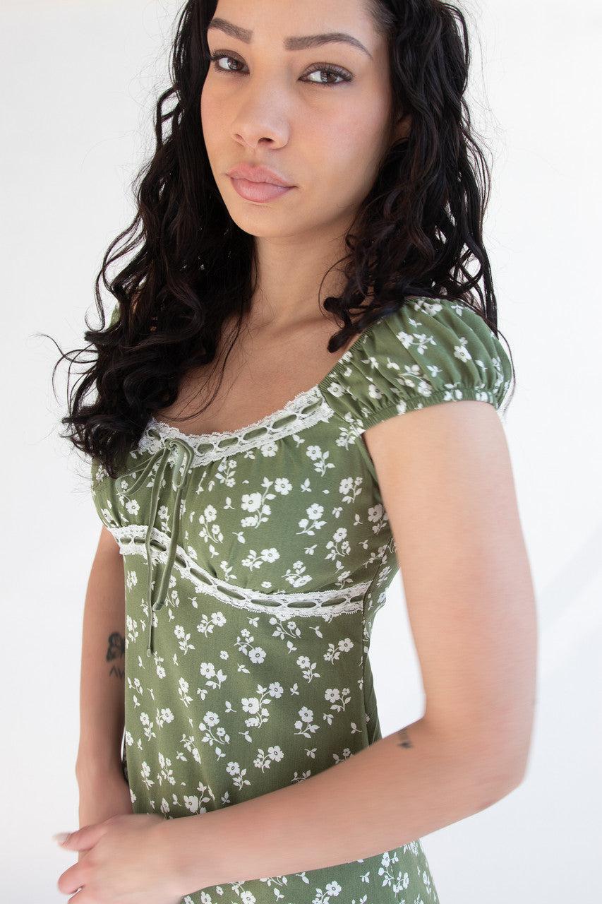 Puff Sleeve Lace Trim Floral Maxi Dress Product Image