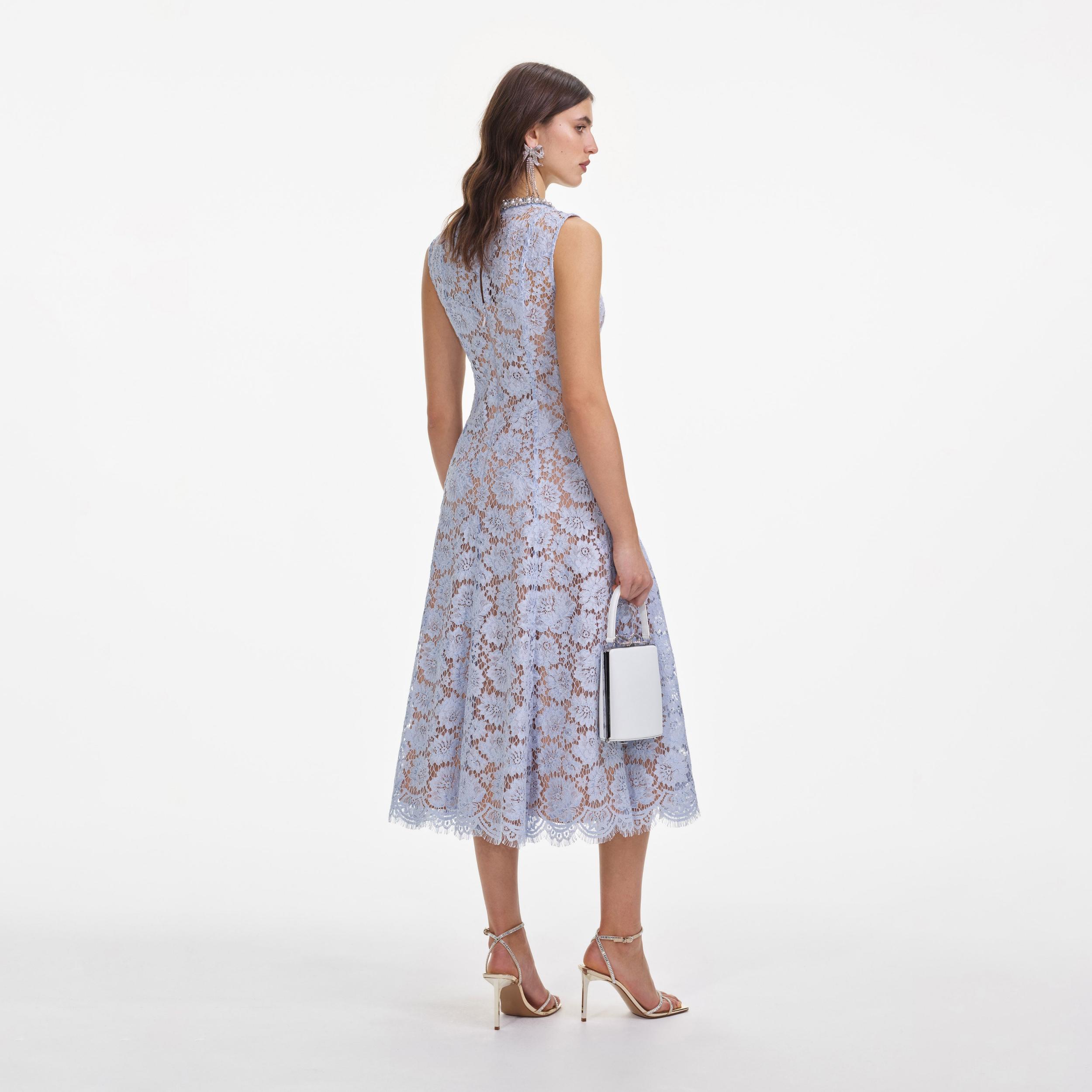 Blue Fine Lace Pearl Midi Dress Product Image