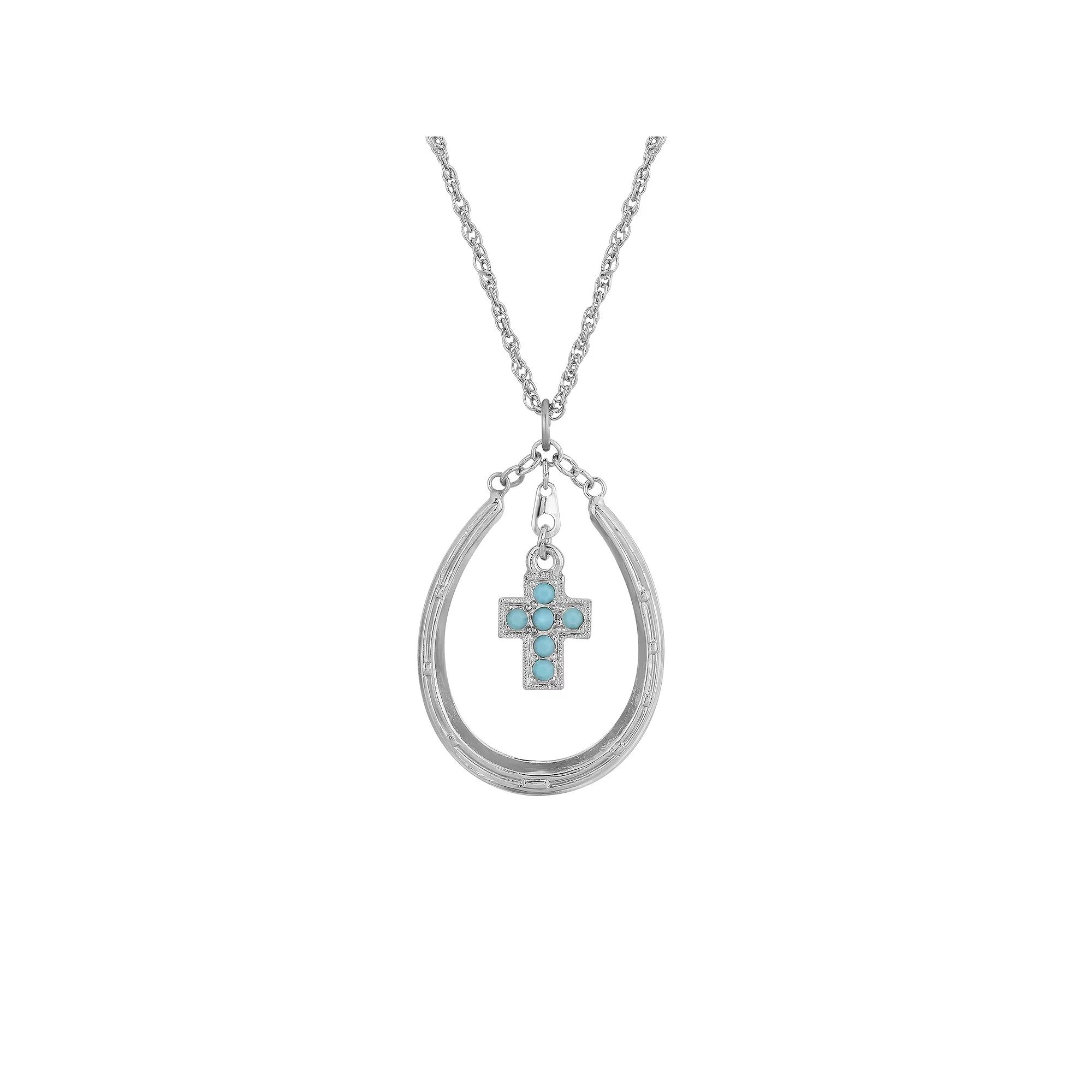 1928 Silver Tone Horseshoe Turquoise Crystal Cross Necklace, Womens Product Image