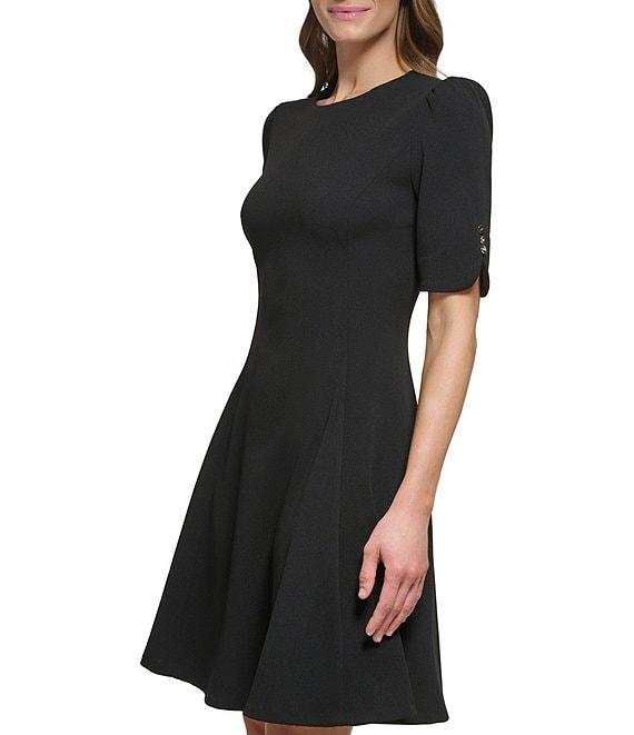 DKNY by Donna Karan Solid Scuba Crepe Crew neck Button Detail Fit & Flare Dress Product Image