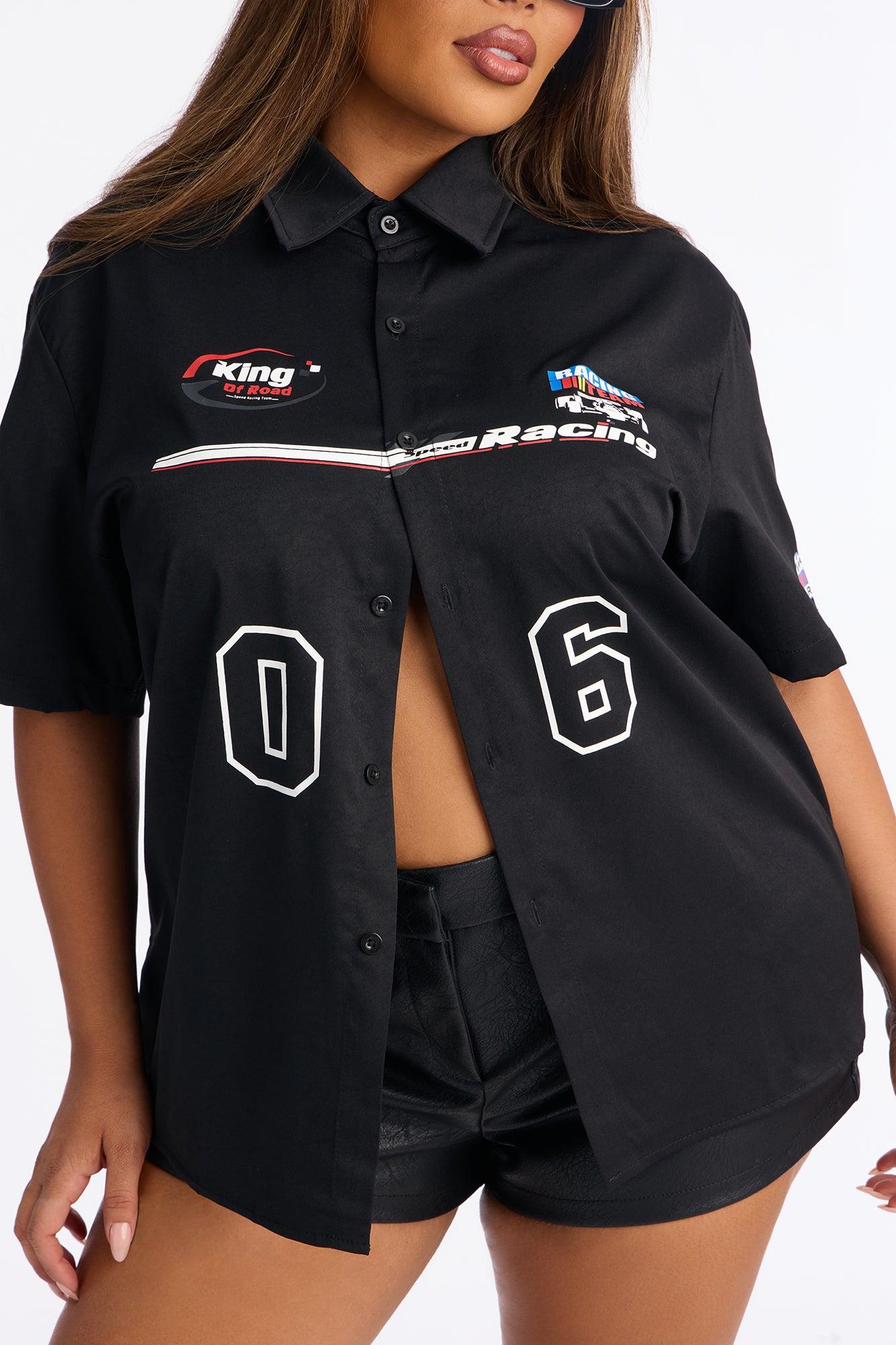 Racer Babe Button Up Top - Black Female Product Image