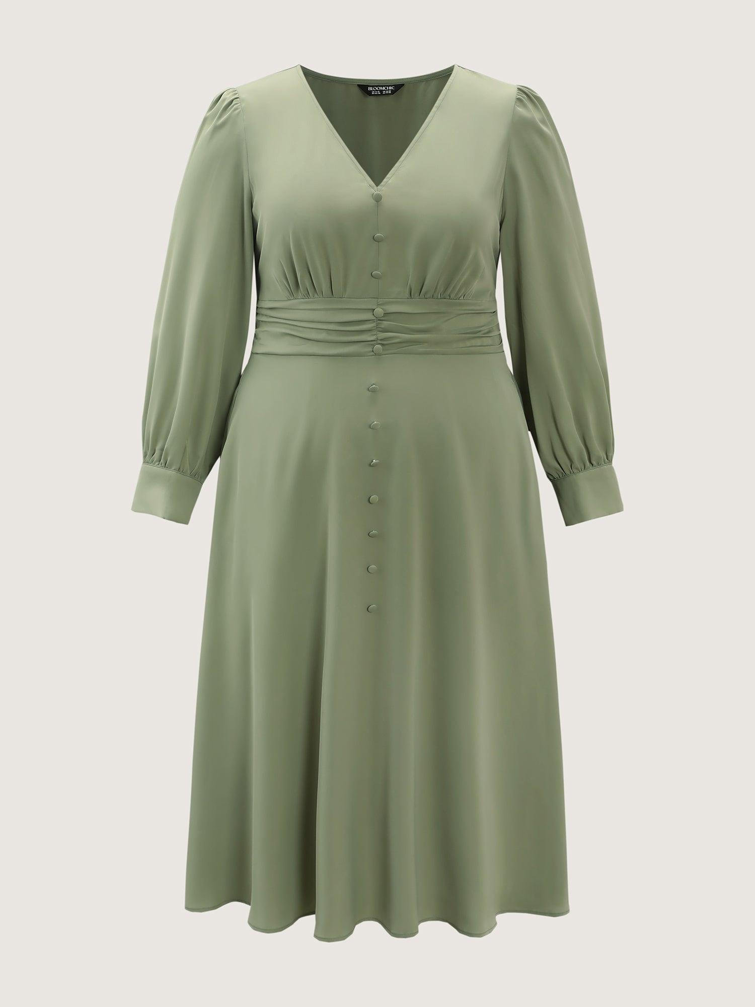 Pleated Waist Deep V-Neck Midi Dress Female Product Image