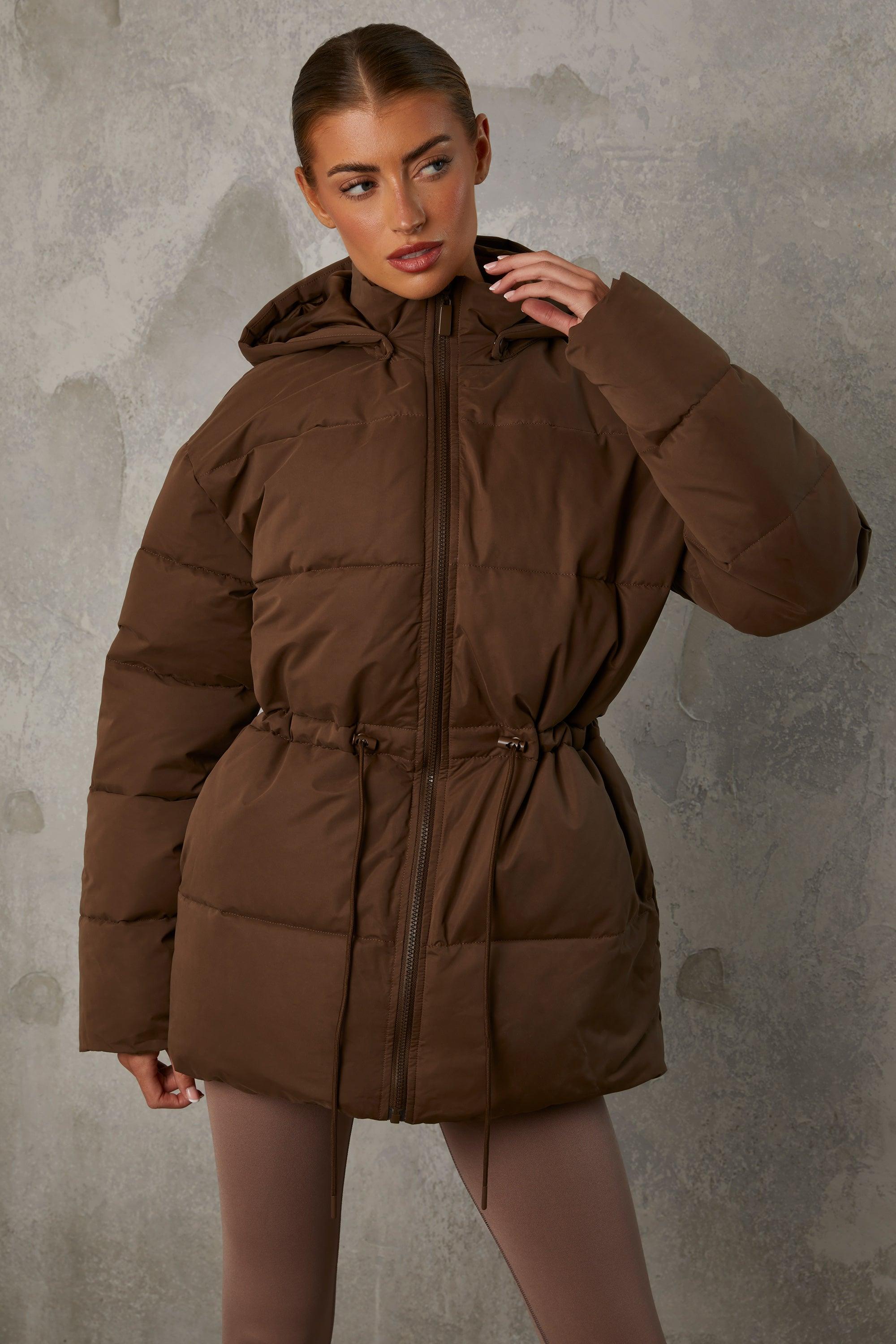 Mid Length Hooded Puffer Coat in Cocoa Brown Female Product Image