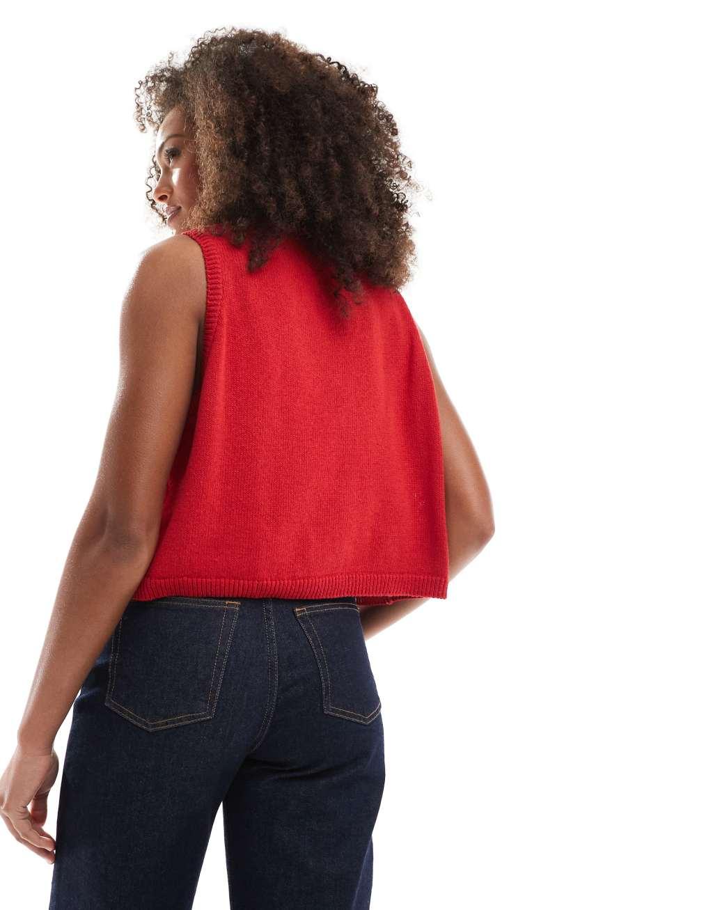 ASOS DESIGN v neck knit tank top with bow tie front in red Product Image