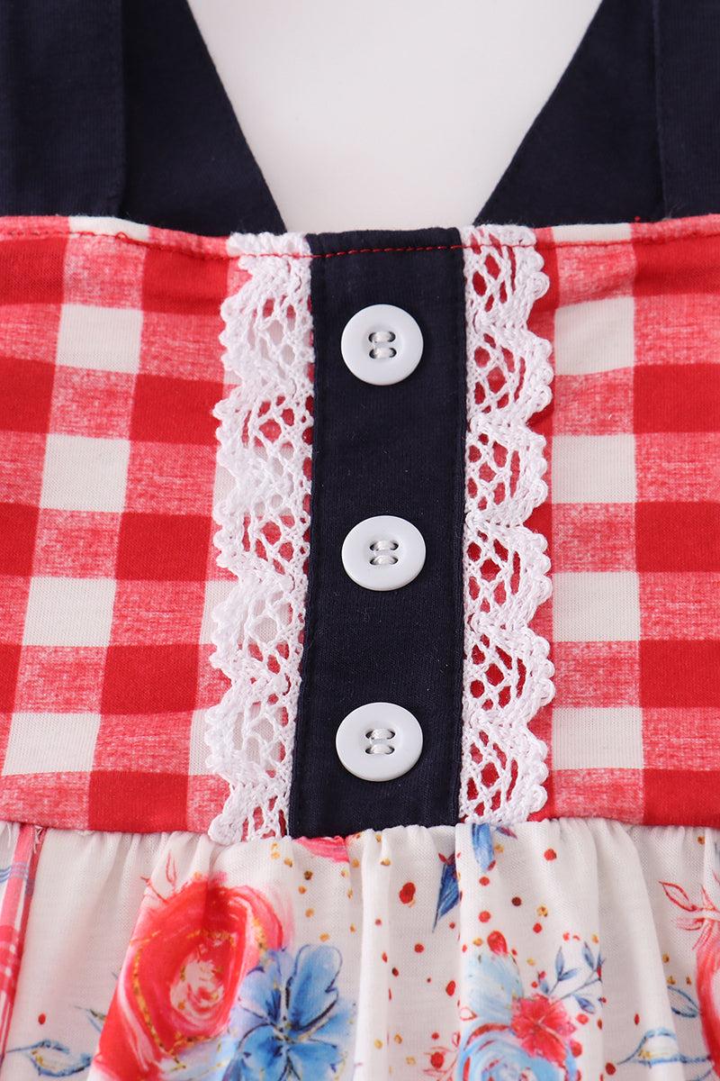 Red floral gingham ruffle dress Product Image