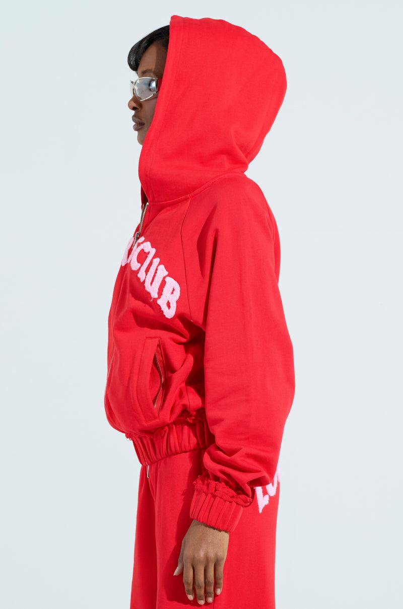 LOVERS CLUB ZIP UP HOODIE IN RED Product Image