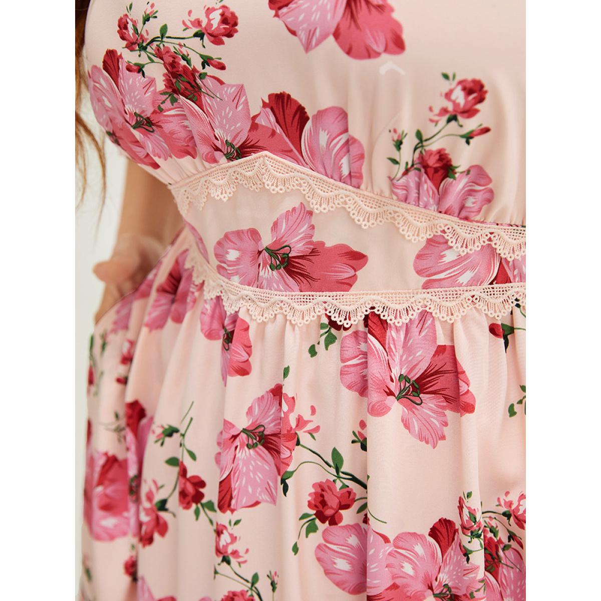 Plus Size Floral Print Lace Pocket Ruffle Hem Empire Waist Dress Pink Women Elegant Pocket V-neck Short sleeve Curvy Midi Dress BloomChic 14-16/1X Product Image