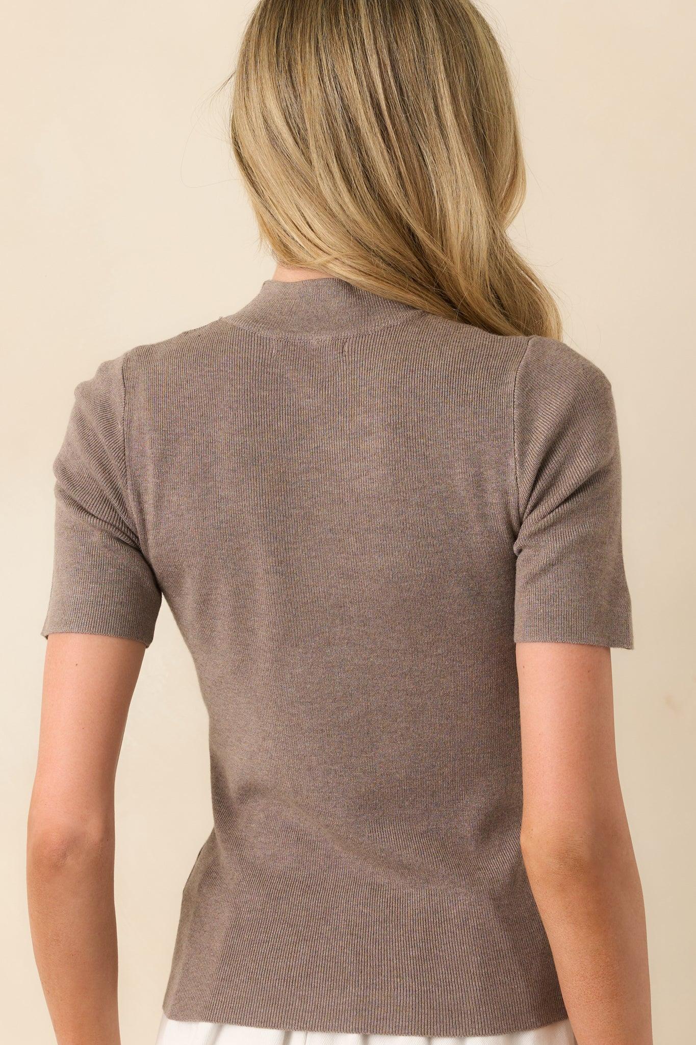 Without Thinking Dark Taupe Ribbed Mock Neck Short Sleeve Top L / Dark Taupe Product Image