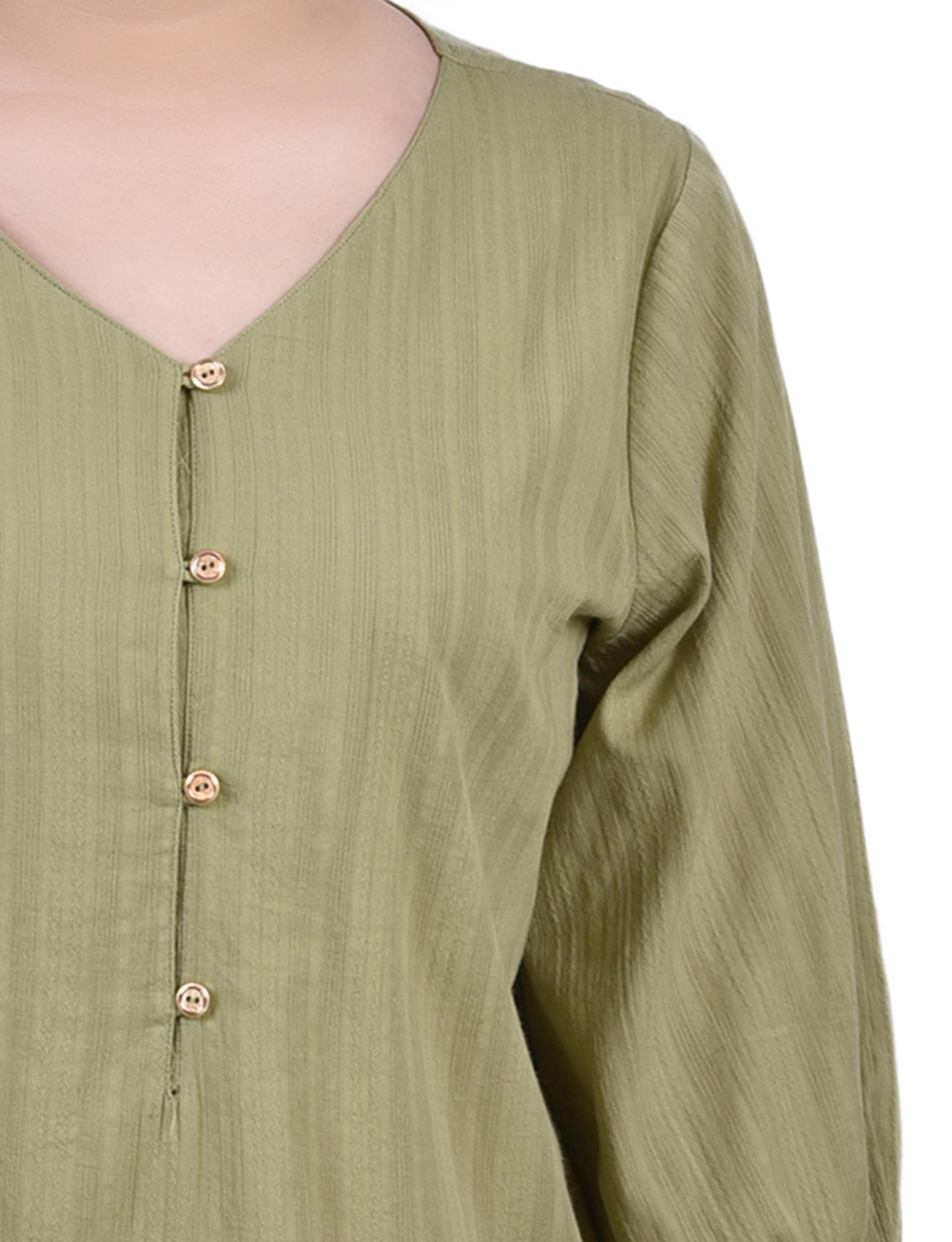 Green 3/4 Sleeve Button Placket Jacquard Blouse - Petite Product Image