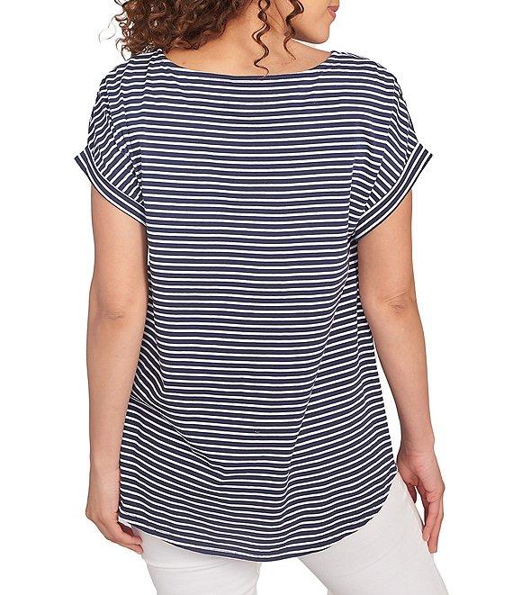 Ruby Rd. Soft Jersey Knit Floral Stripe Boat Neck Short Cuff Sleeve Top Product Image