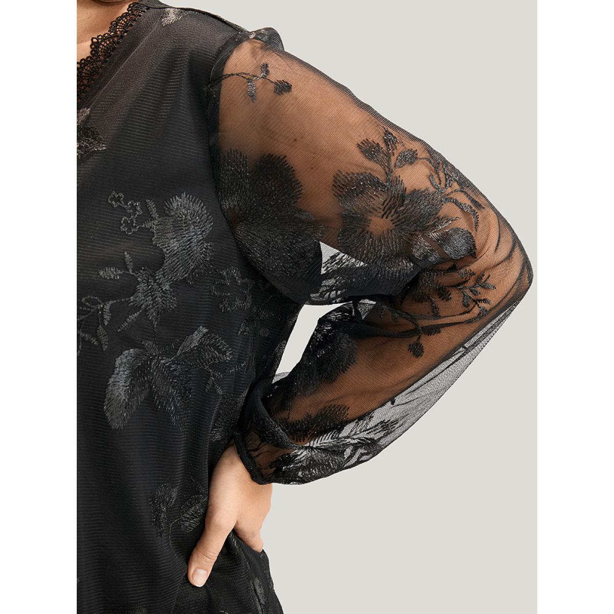 Plus Size Black Floral Lace Mesh Lantern Sleeve Blouse Women Glamour Long Sleeve V-neck Going out Blouses BloomChic 18-20/2X Product Image