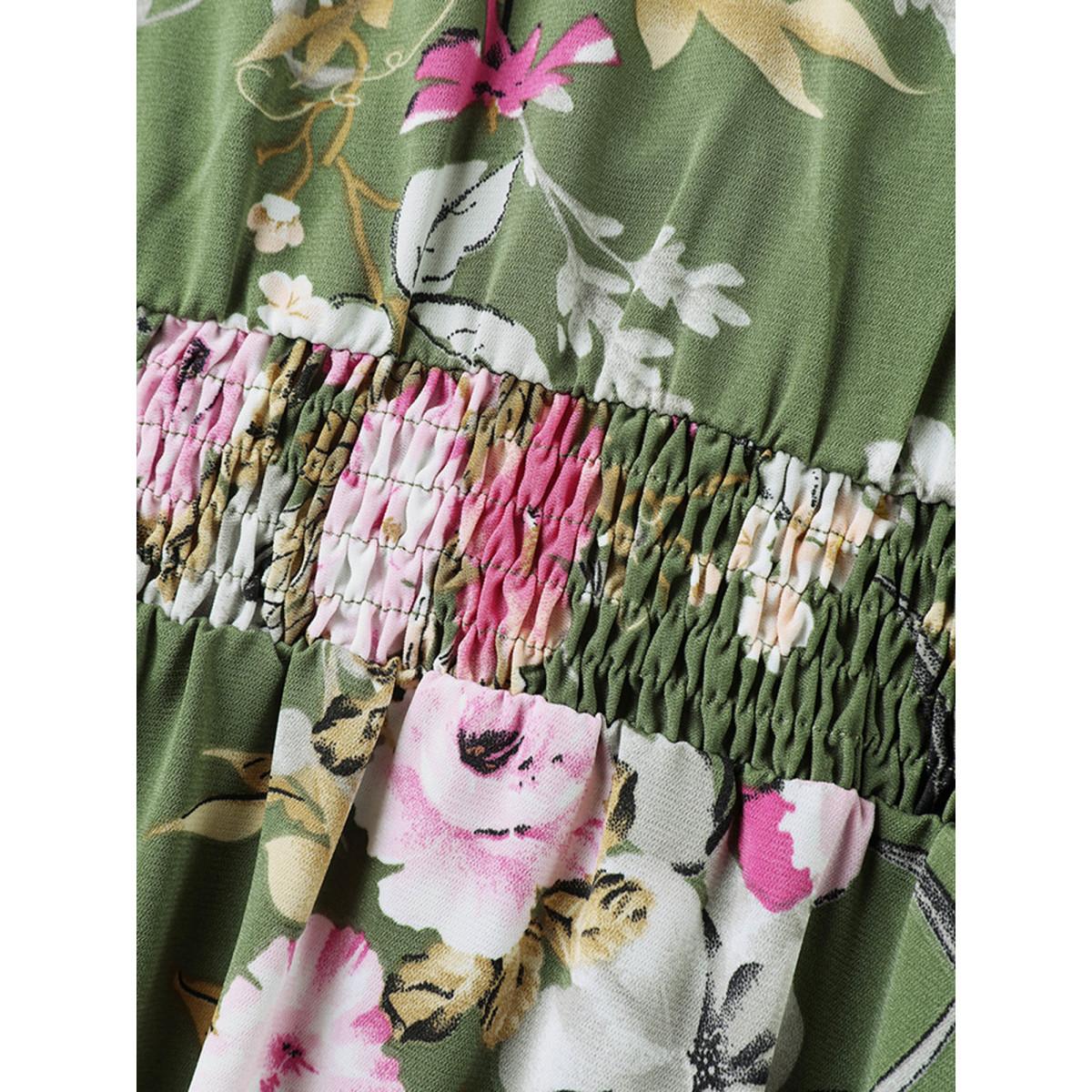 Plus Size Floral Print Lace Trim Pockets Maxi Dress Greenbean Women Elegant Woven ribbon&lace trim V-neck Cap Sleeve Curvy BloomChic 12/L Product Image