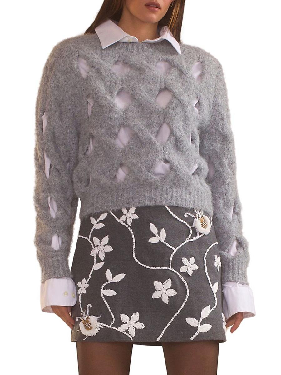 Womens Open-Knit Crewneck Sweater Product Image