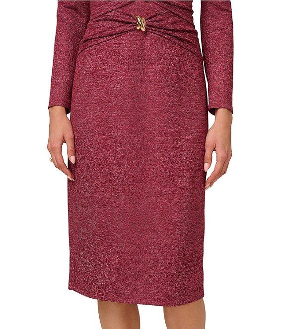 Adrianna by Adrianna Papell Metallic Knit V-Neck Long Sleeves Cut-Out Hardware Sheath Midi Dress Product Image
