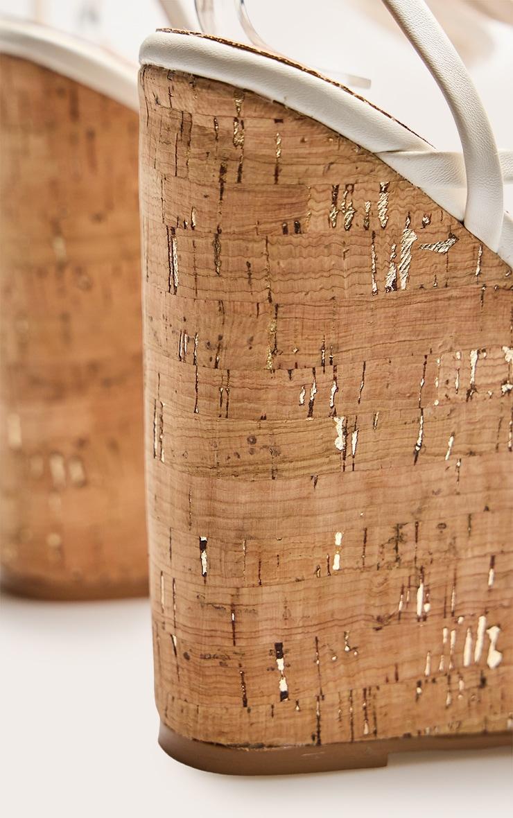 White Pu Strappy Lace Up High Heel Cork Wedges Product Image