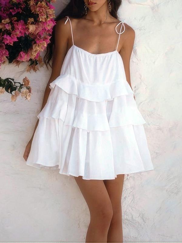 A-Line High Waisted Backless Layered Pleated Solid Color Spaghetti-Neck Mini Dresses Product Image