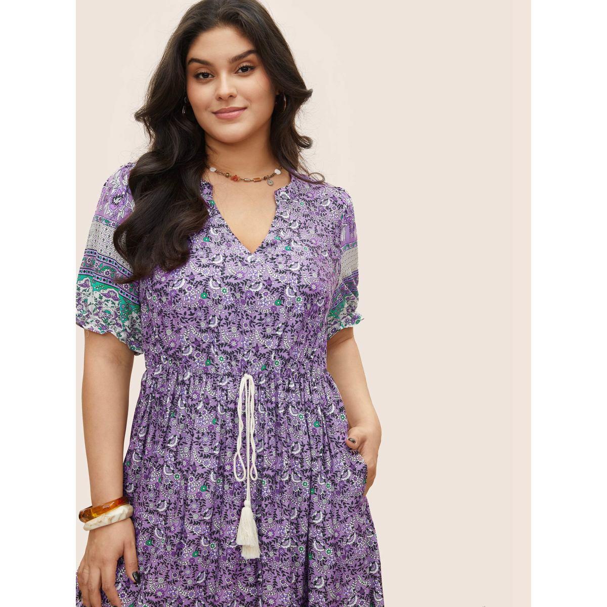 Plus Size Boho Print Notched Ties Tassel Trim Dress Lilac Women Boho Non Flat collar with V-notch Short sleeve Curvy BloomChic 14-16/1X Product Image