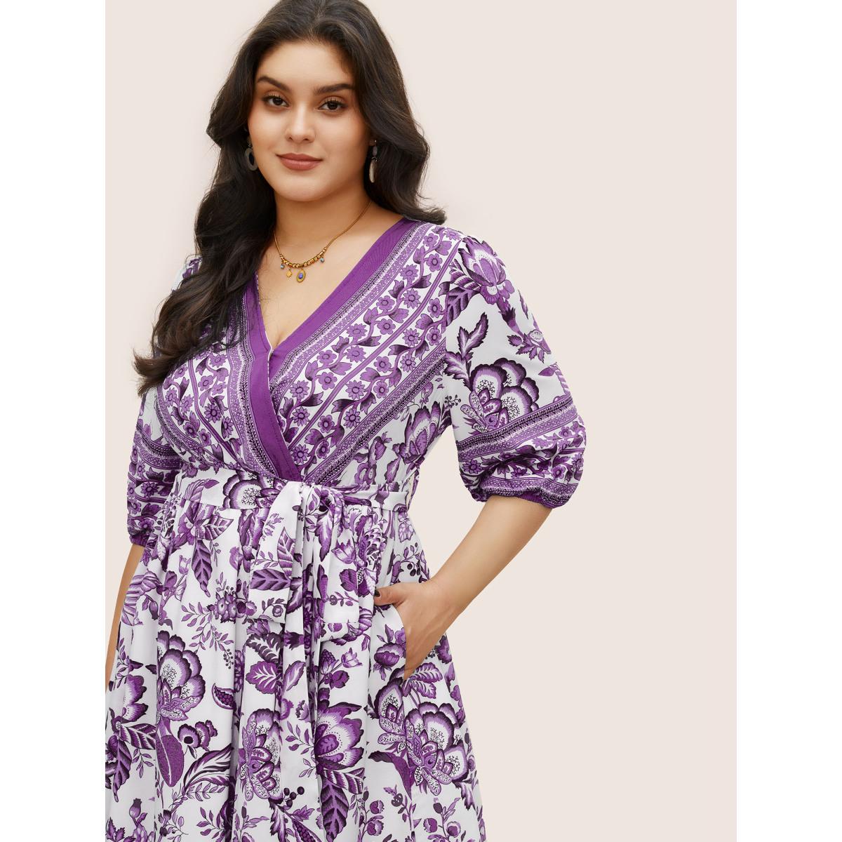 Plus Size Bandana Print Surplice Neck Lantern Sleeve Pocket Belted Midi Dress Deeppurplered Women Resort Non V-neck Half Sleeve Curvy Midi Dress BloomChic 22-24/3X Product Image