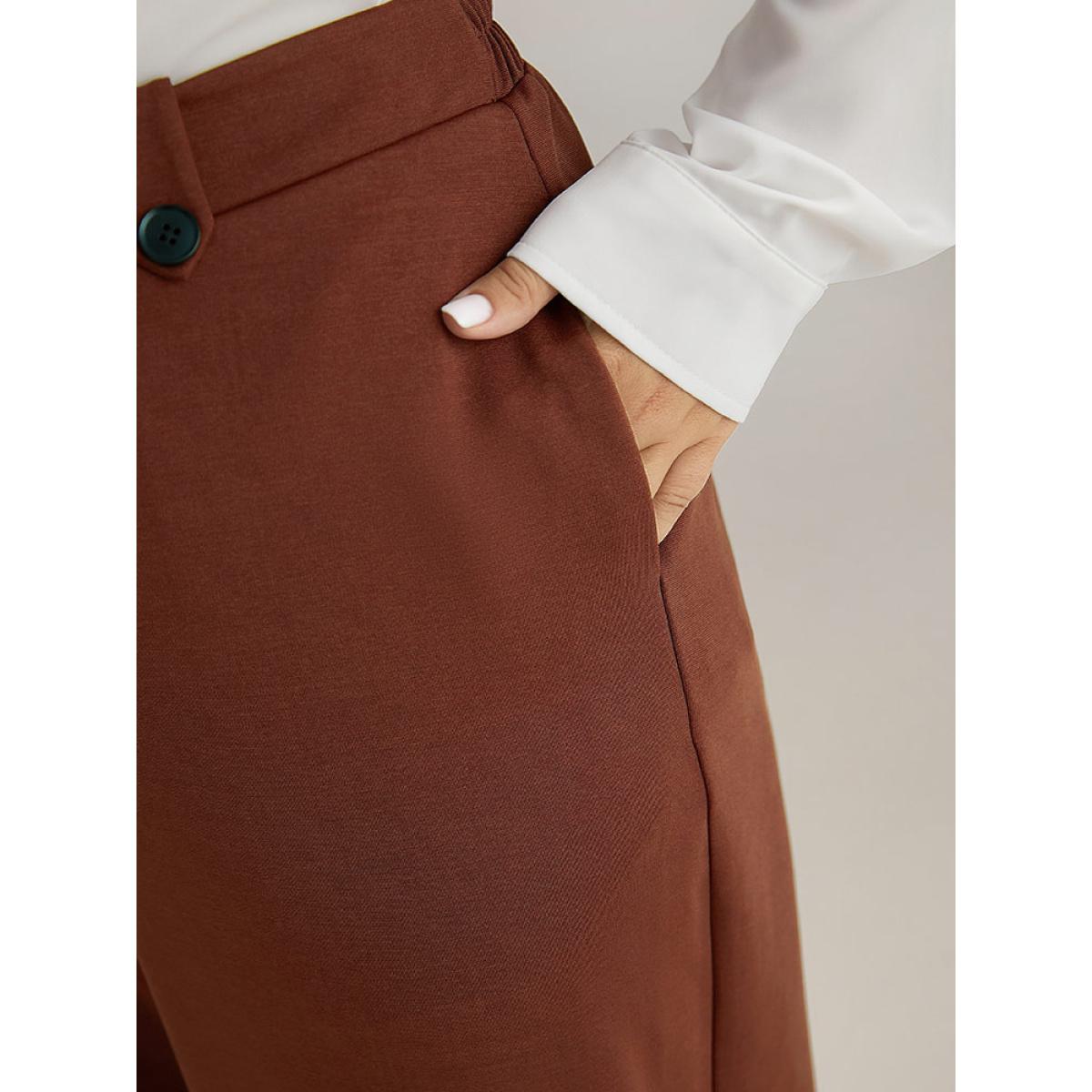 Plus Size Plain Button Detail Straight Leg Pants Women DarkBrown Office Straight Leg High Rise Office Pants BloomChic 10/M Product Image
