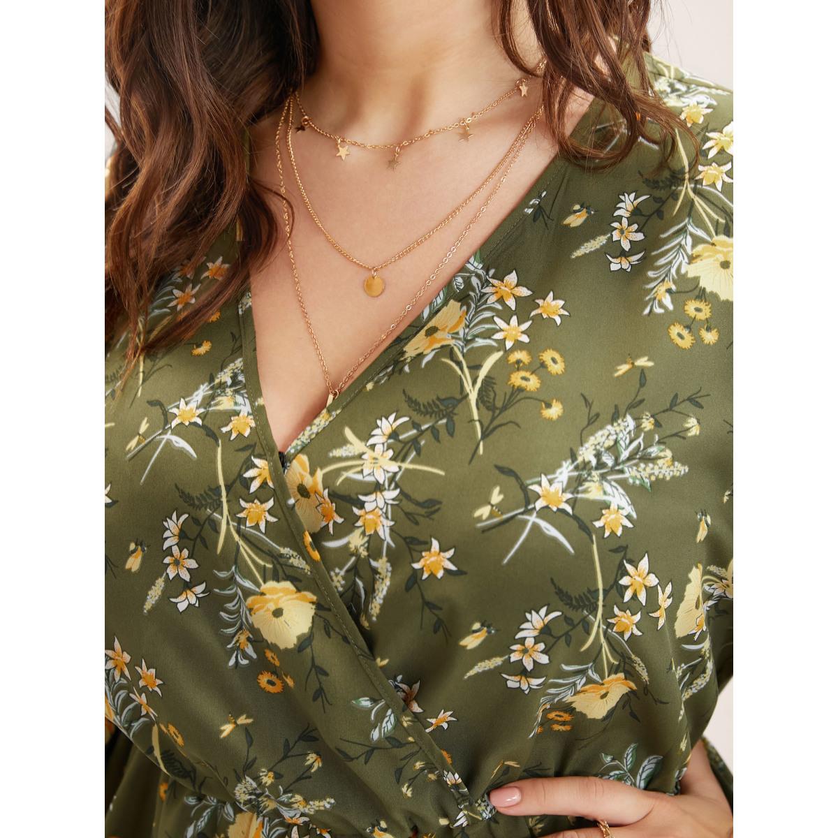 Plus Size Moss Floral Print Ruffles Surplice Neck Blouse Women Elegant Half Sleeve V-neck Everyday Blouses BloomChic 30/6X Product Image