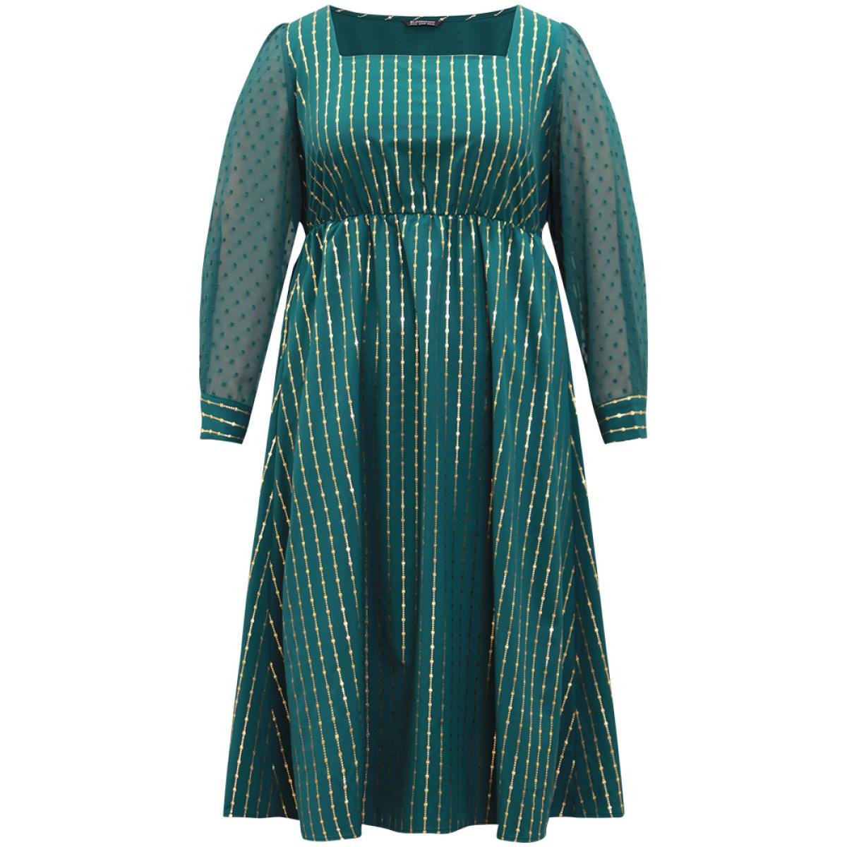 Plus Size Glitter Striped Patchwork Mesh Square Neck Dress Cyan Women Party See through Square Neck Long Sleeve Curvy Midi Dress BloomChic 28/5X Product Image