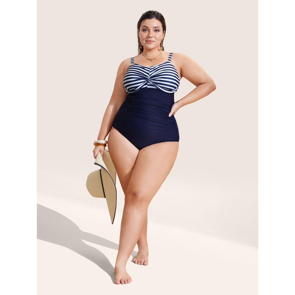 Plus Size Striped Patchwork Twist Front One Piece Swimsuit Women's Swimwear Indigo Beach Twist Curve Bathing Suits High stretch One Pieces BloomChic 28/5X Product Image