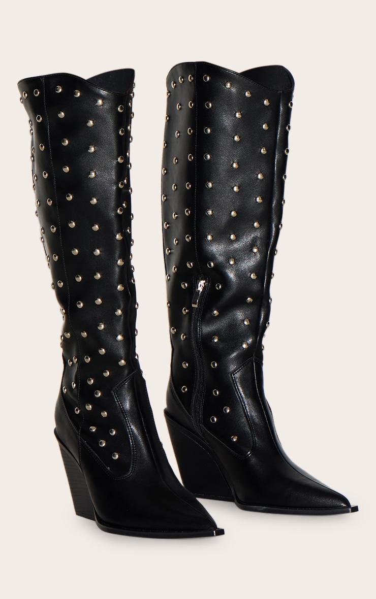 Black PU Point Toe Silver Stud Knee High Block Heel Western Boots Product Image