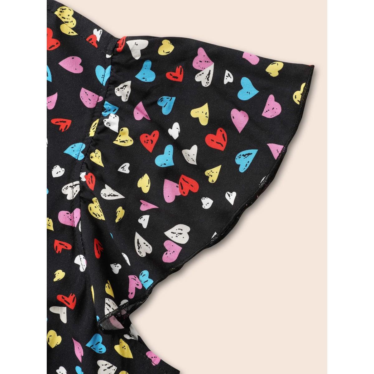 Plus Size Black Heart Pattern Ruffle Sleeves Blouse Women Casual Cap Sleeve Round Neck Everyday Blouses BloomChic 14-16/1X Product Image