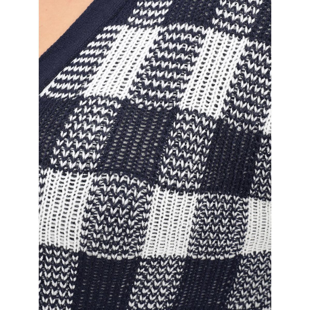 Plus Size Plaid Pointelle Knit Pocket Button Front Cardigan Midnight Women Elegant Loose Long Sleeve Dailywear Cardigans BloomChic 28/5X Product Image