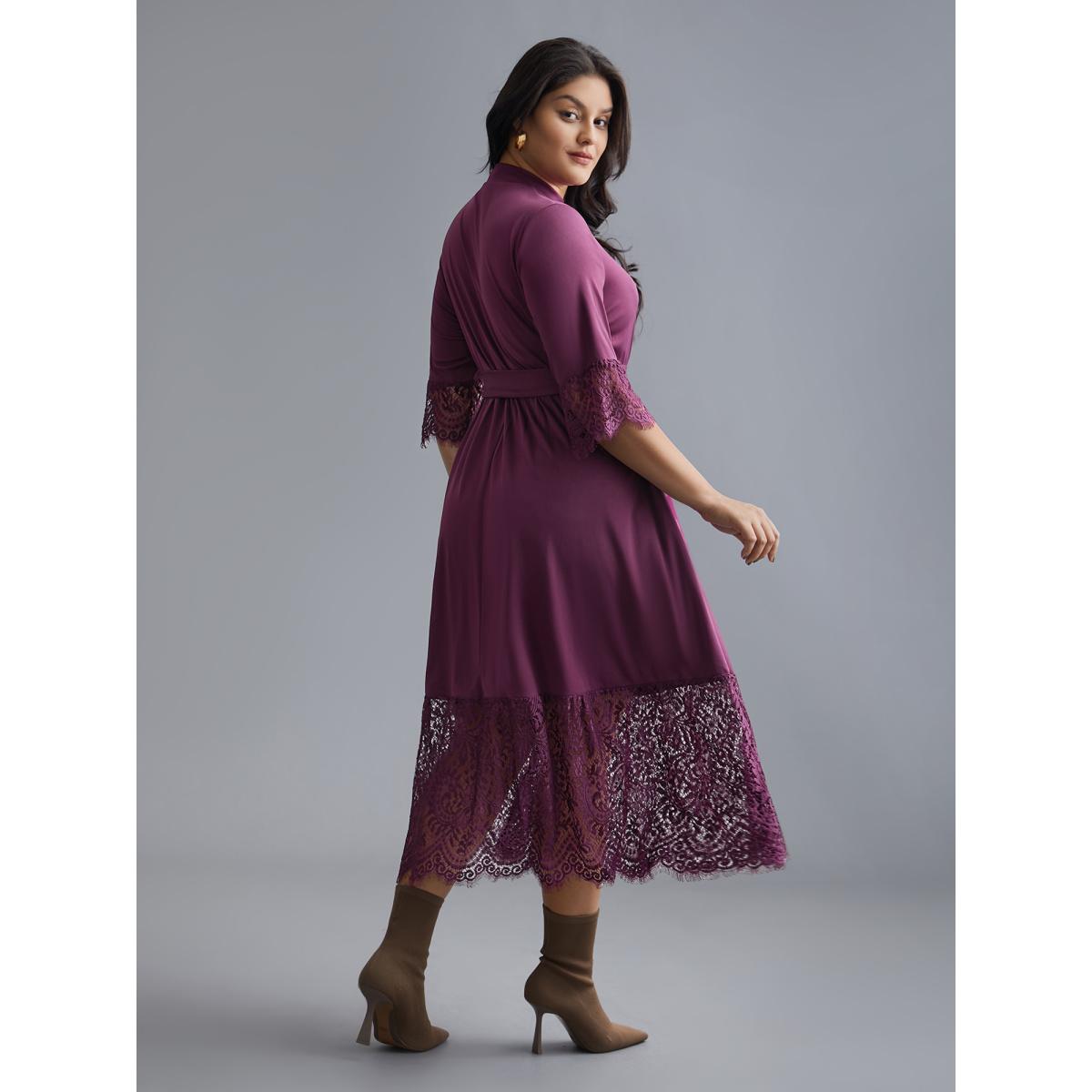 Plus Size Mock Neck Crochet Lace Belted Dress Deeppurplered Women Elegant Woven ribbon&lace trim Knit Dresses Bloomchic 30/6X Product Image