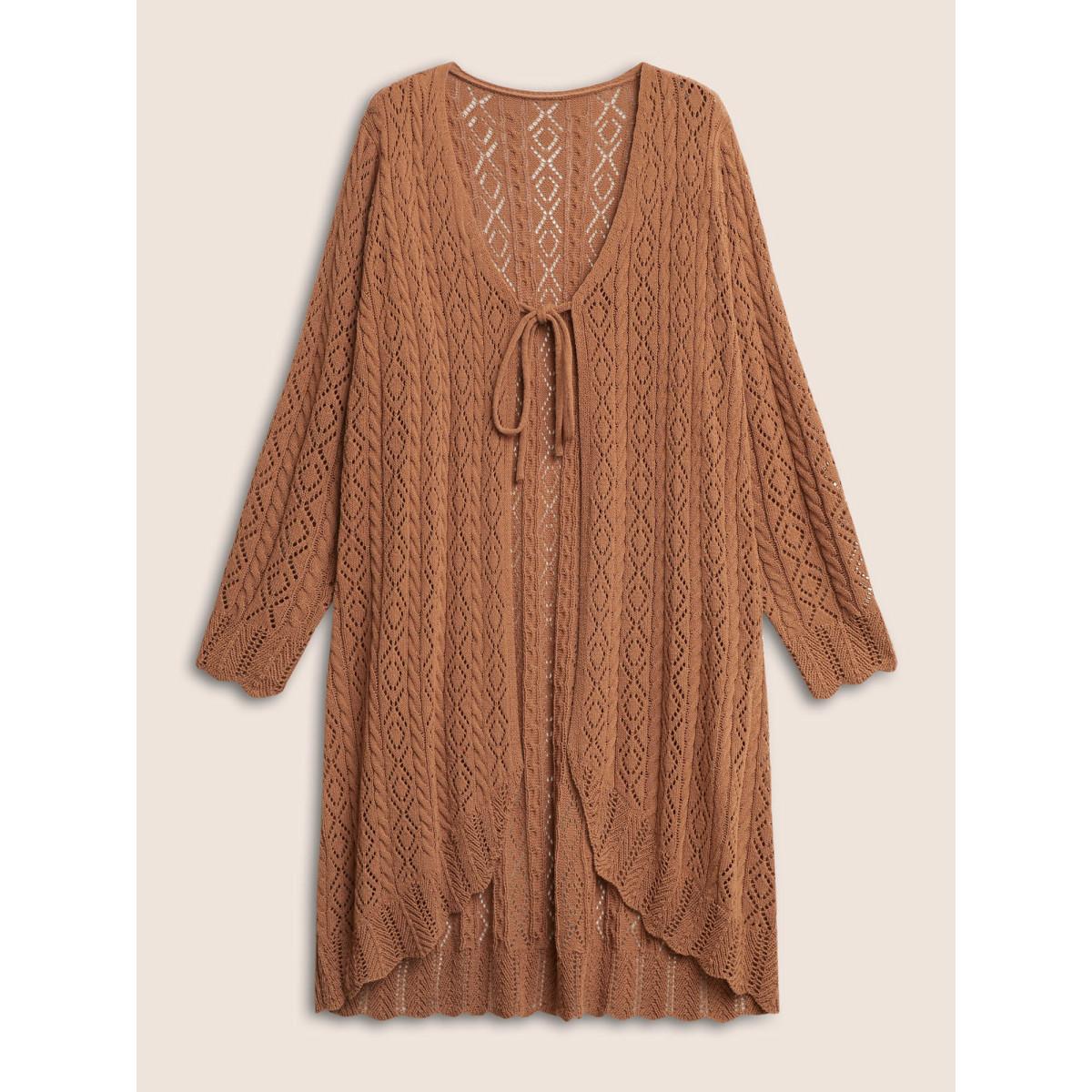 Plus Size Plain Ties Arc Hem Hollow Out Cardigan Chocolate Women Elegant Long Sleeve Everyday Cardigans BloomChic 12/L Product Image