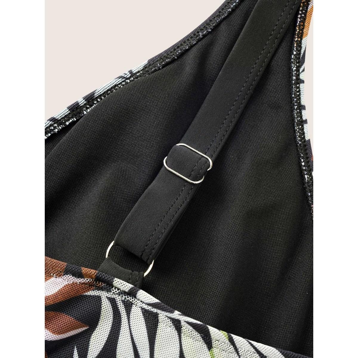 Plus Size Tropical Print Gathered Split Hem Swim Dress Women's Swimwear Black Beach Bodycon V-neck High stretch Curve Swim Dresses BloomChic 14-16/1X Product Image