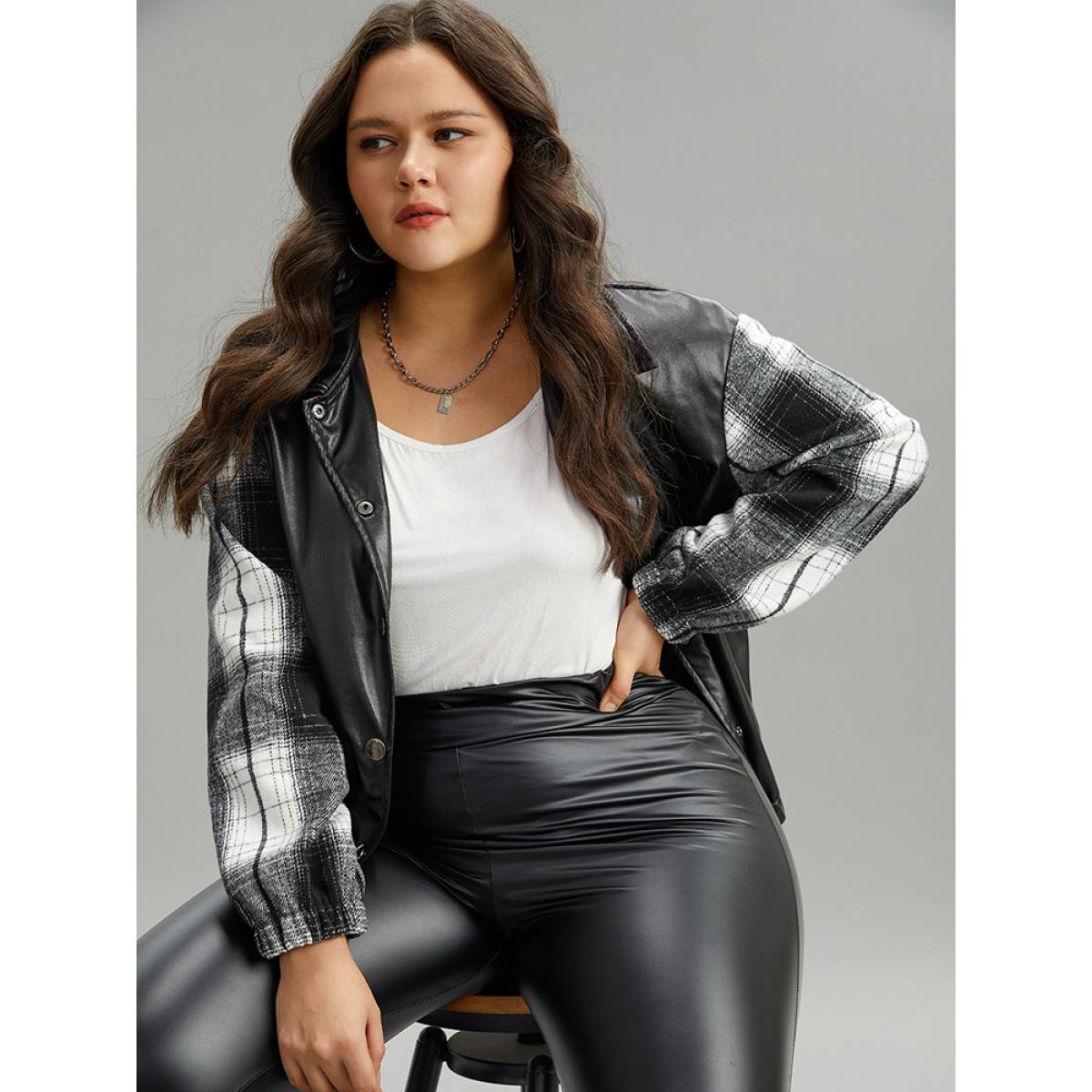 Plus Size Plaid Patchwork Contrast Button Up Jacket Women Black Elastic cuffs Dailywear Jackets BloomChic 22-24/3X Product Image