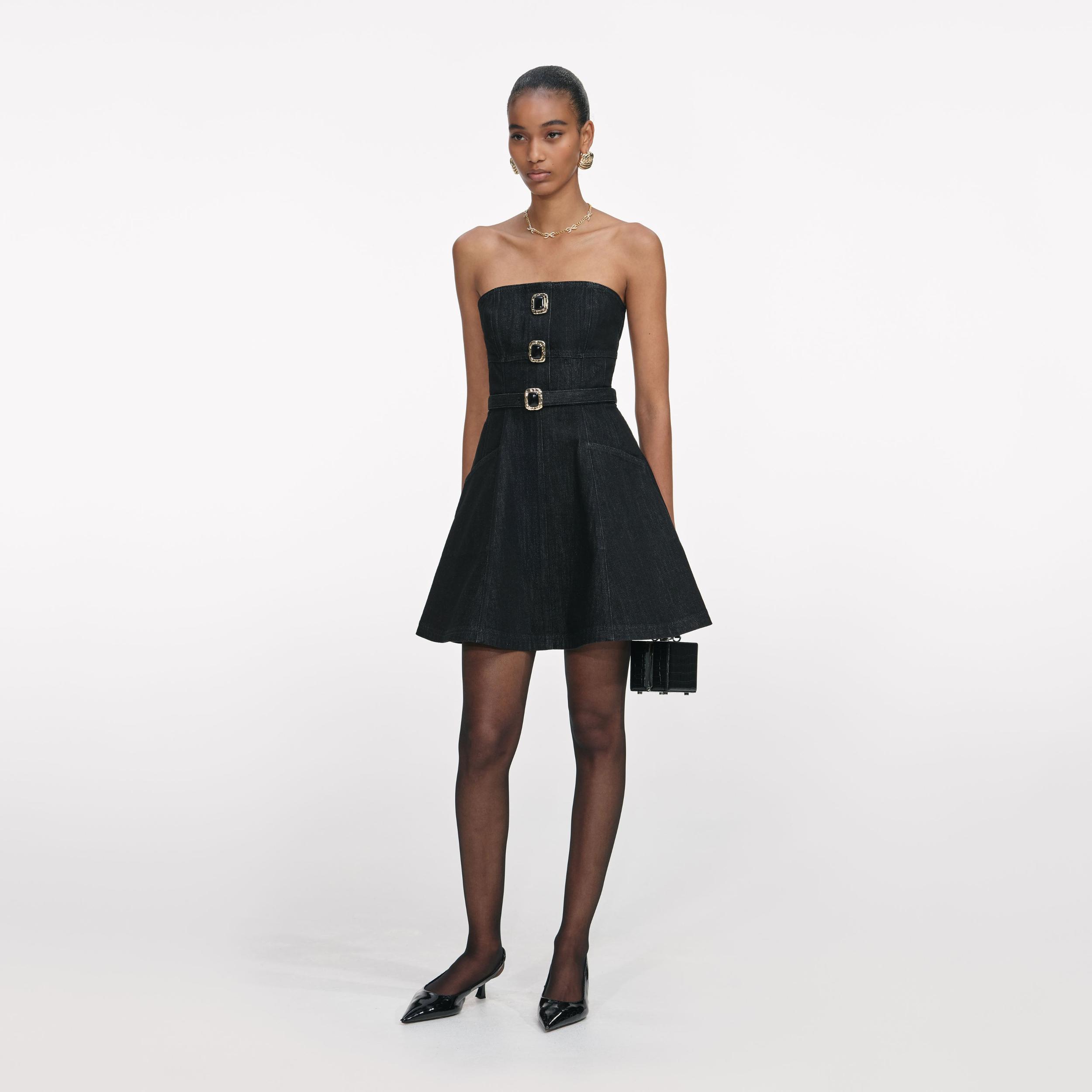 Black Denim Bandeau Mini Dress Product Image