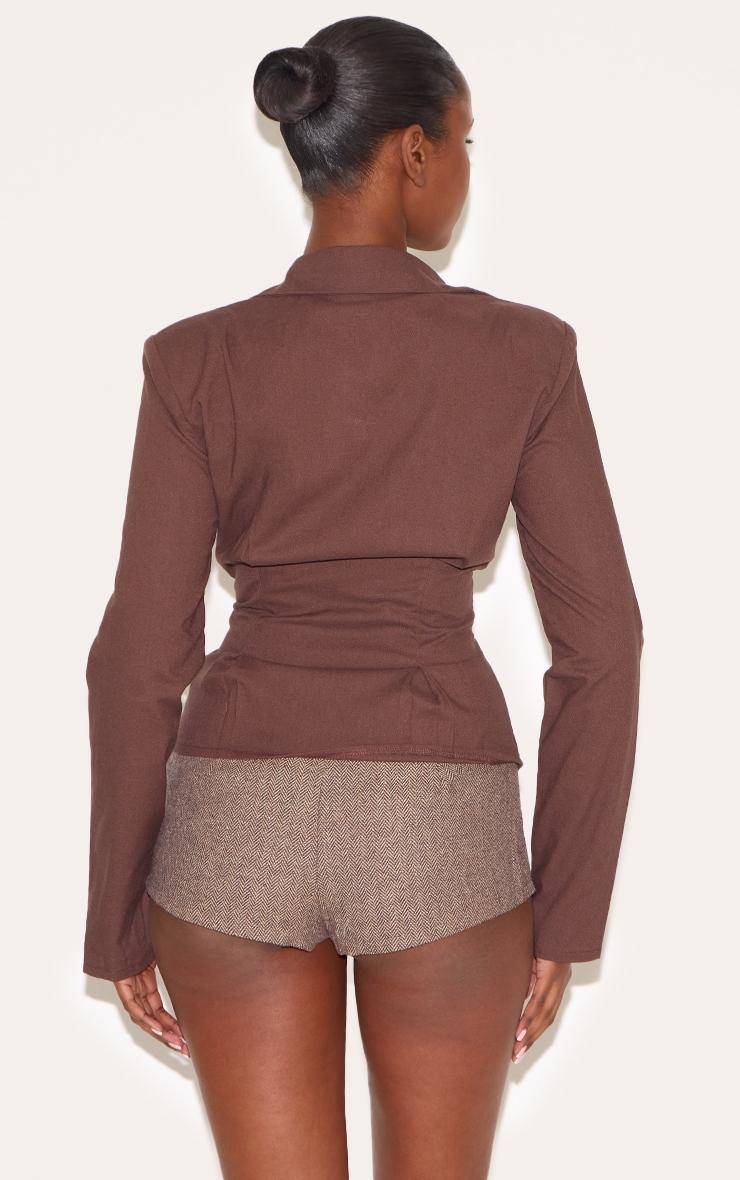 Brown Linen Blend Plunge Shoulder Padded Fitted Shirt Product Image