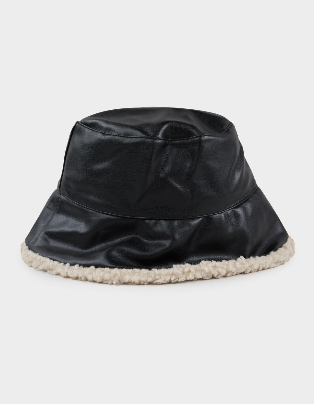 Faux Leather Sherpa Fur Womens Bucket Hat - BLACK Product Image