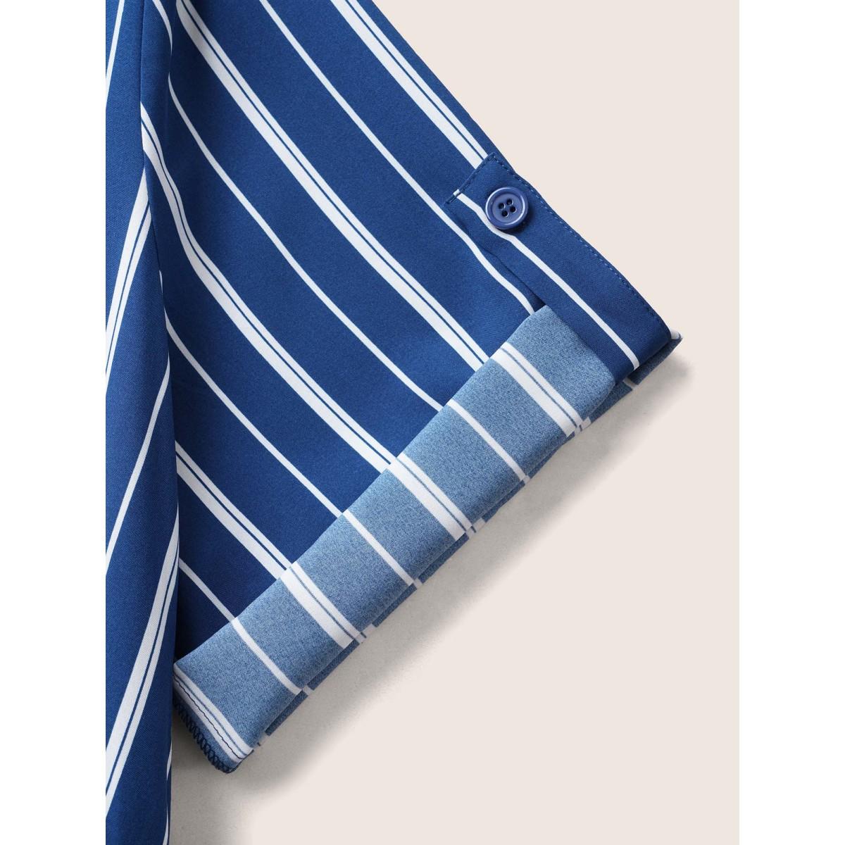 Plus Size Notched Striped Button Cuff Sleeve Dress Mediumblue Women Workwear Essentials Belted Flat collar with V-notch Half Sleeve Curvy BloomChic 12/L Product Image