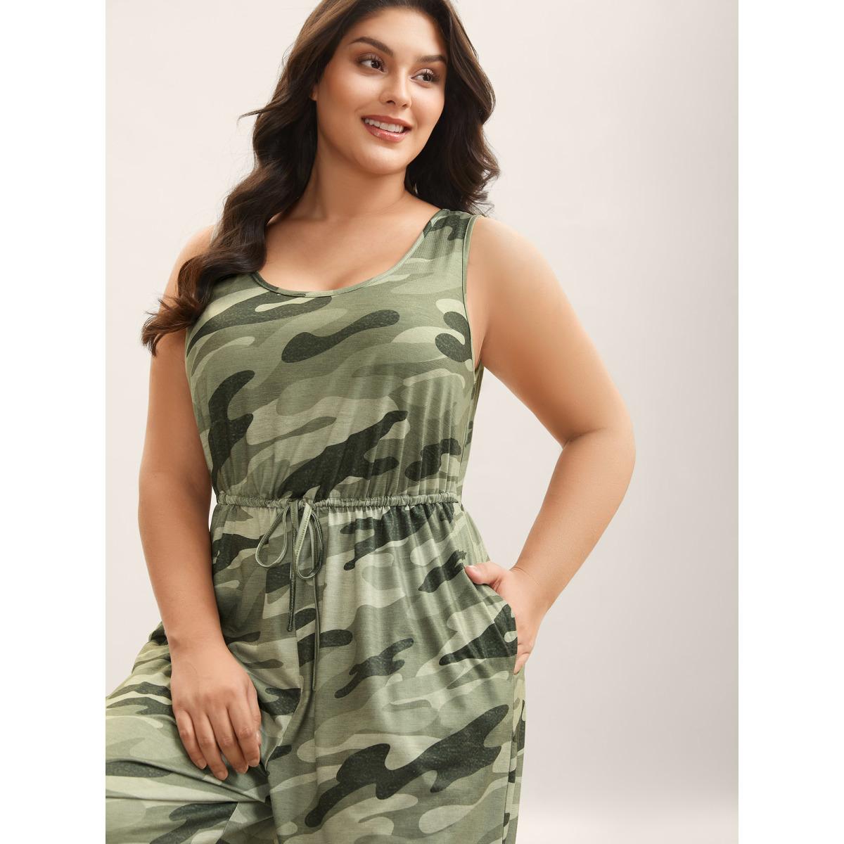 Plus Size Sage Stretchy Waist Camouflage Print Pockets Jumpsuit Women Leisure Sleeveless Round Neck Casual Loose Jumpsuits BloomChic 12/L Product Image
