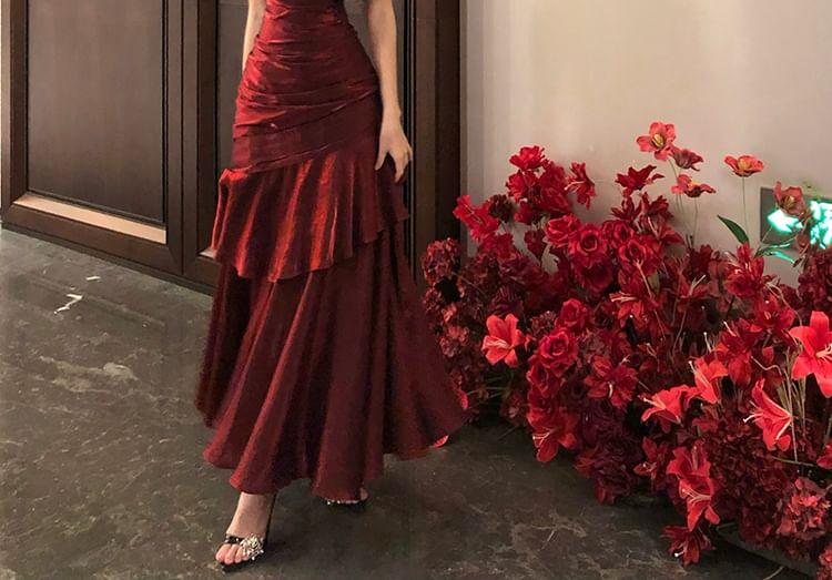 Spaghetti Strap V-Neck Plain Ruffle Panel Ruched Mermaid Evening Gown Product Image