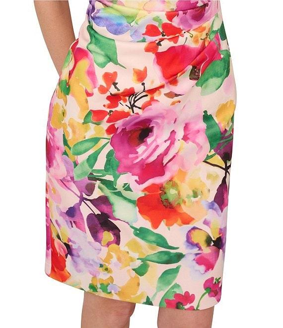 Adrianna Papell Petite Size Scuba Floral Print One Shoulder Neck Sleeveless Sheath Midi Dress Product Image