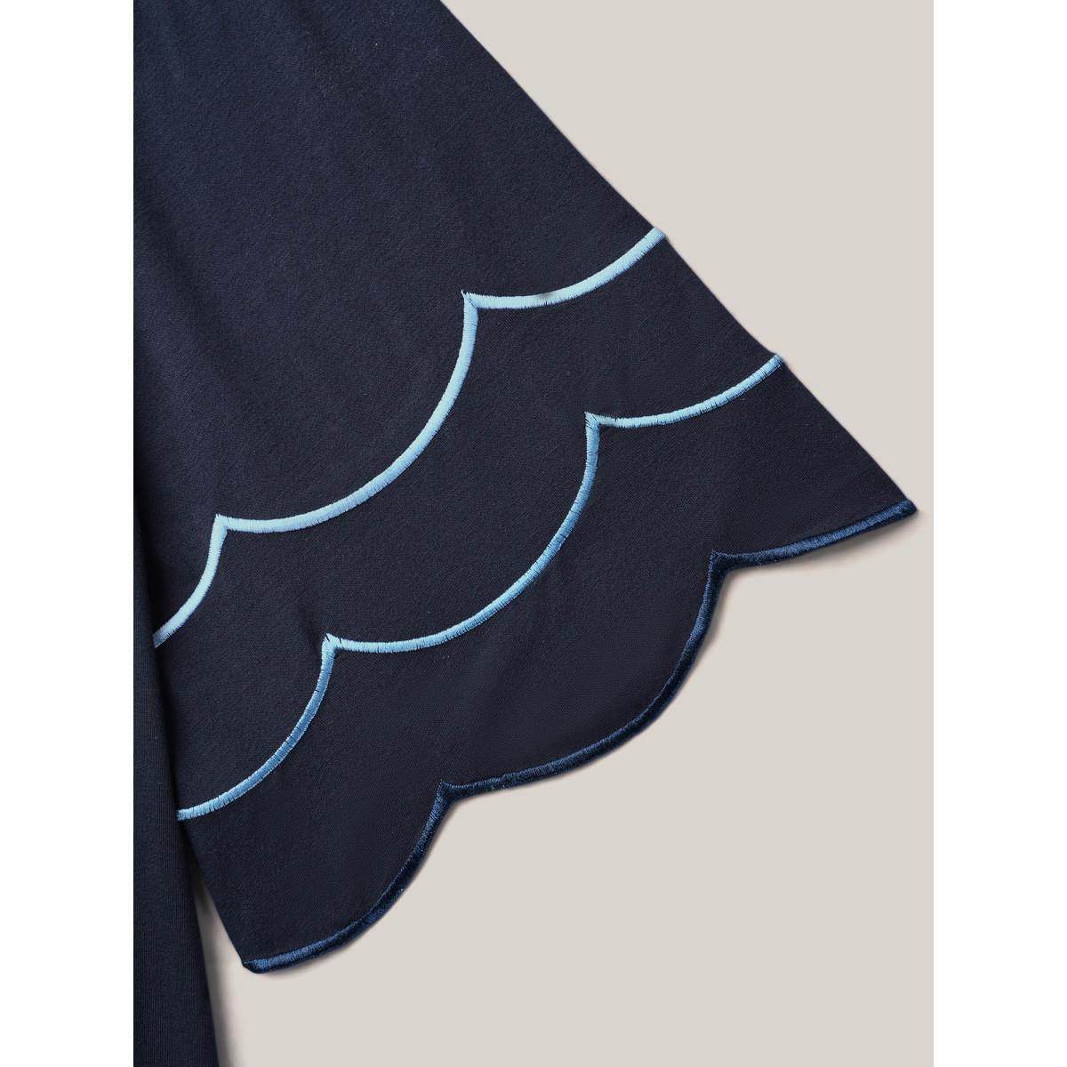 Plus Size Embroidered Trumpet Sleeve V-Neck T-Shirt Indigo Women Casual Embroidered V-neck Everyday T-shirts BloomChic 22-24/3X Product Image