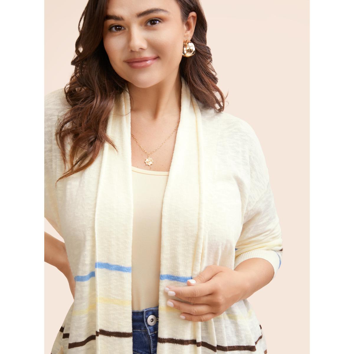 Plus Size Contrast Striped Pocket Open Front Cardigan Beige Women Casual Loose Three Quater Length Sleeve Everyday Cardigans BloomChic 14-16/1X Product Image