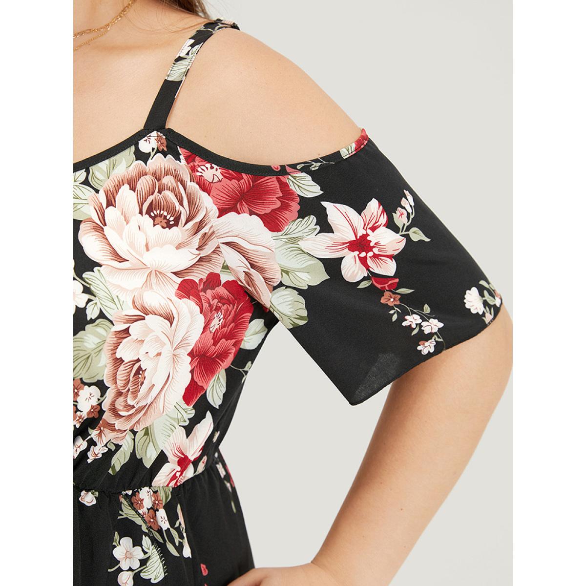 Plus Size Floral Print Pocket Asymmetrical Hem Cold Shoulder Dress Black Women Elegant Elastic Waist Cold Shoulder Short sleeve Curvy Midi Dress BloomChic 26/4X Product Image