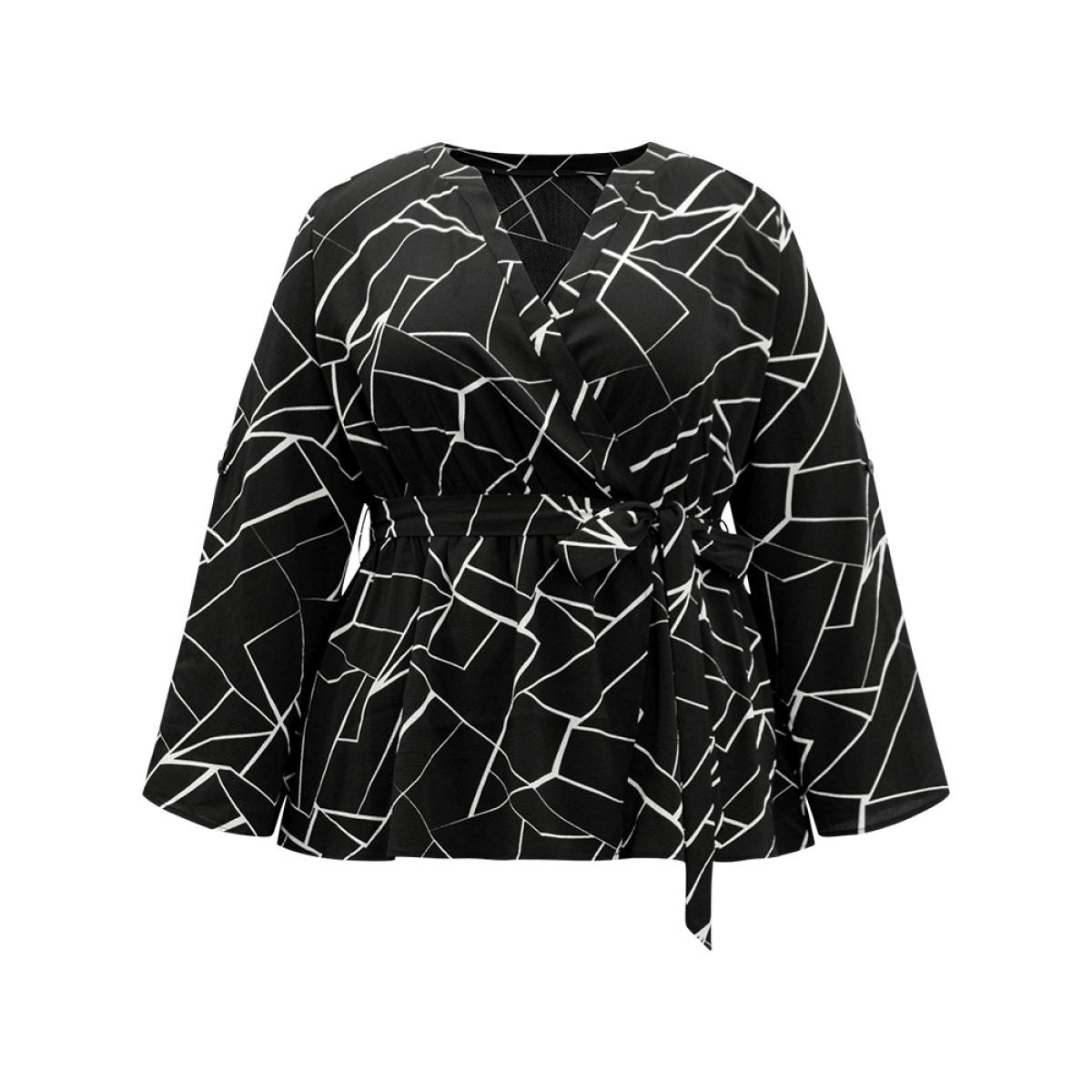 Plus Size Black Geometric Print Tab Sleeve Belted Wrap Blouse Women Office Long Sleeve V-neck Office Blouses BloomChic 30/6X Product Image