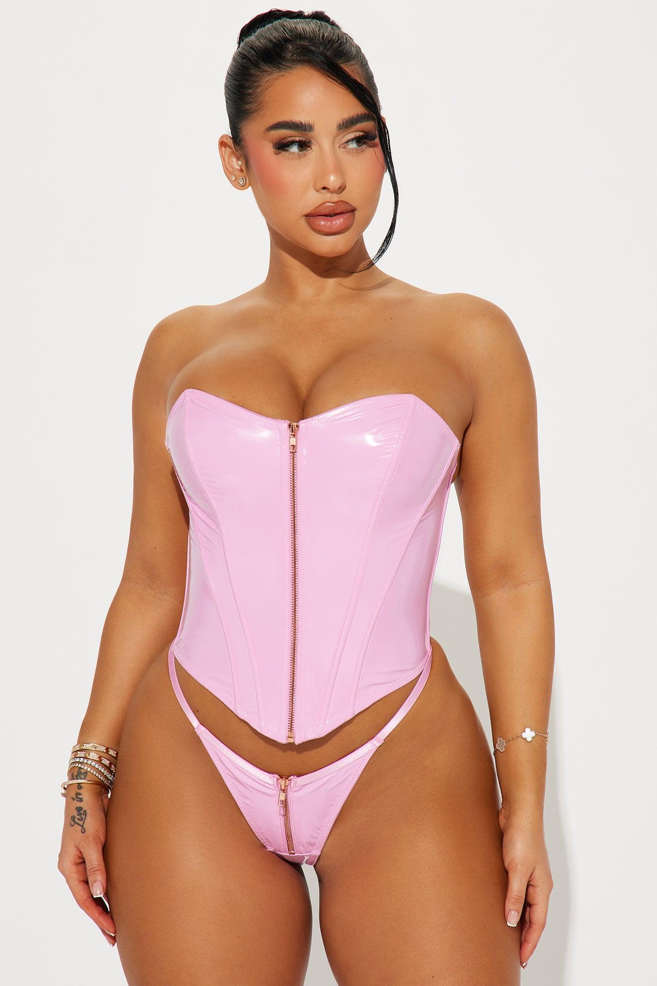 Follow My Lead Liquid Vinyl 2 Piece Corset Set - Pink Product Image