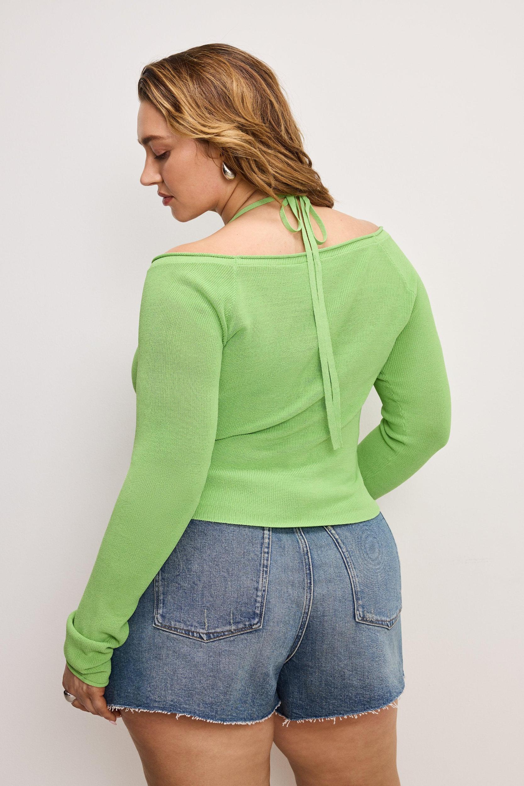 STRETCH RIB KNIT OFF SHOULDER TOP | LIME005 Product Image
