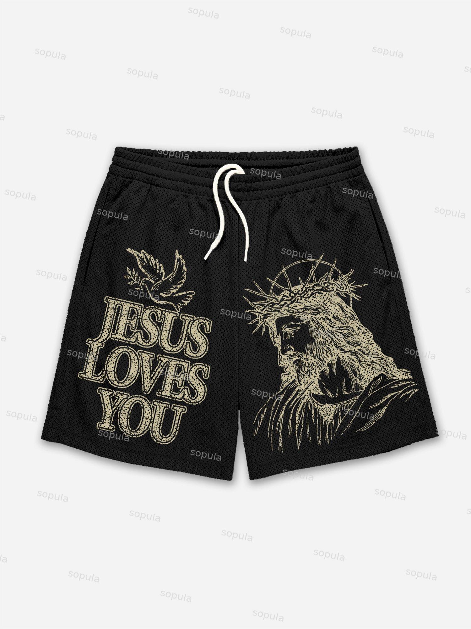 Jesus Loves You Print Mesh Shorts Product Image